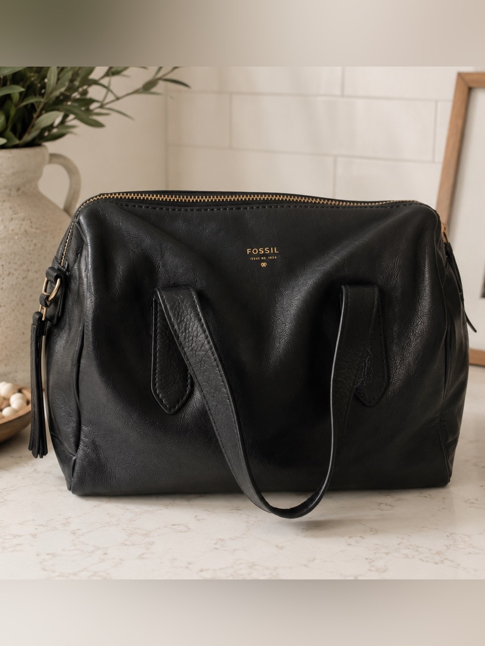 Fossil Long Live Vintage Rachel Black Genuine Leather Satchel Crossbody Shoulder